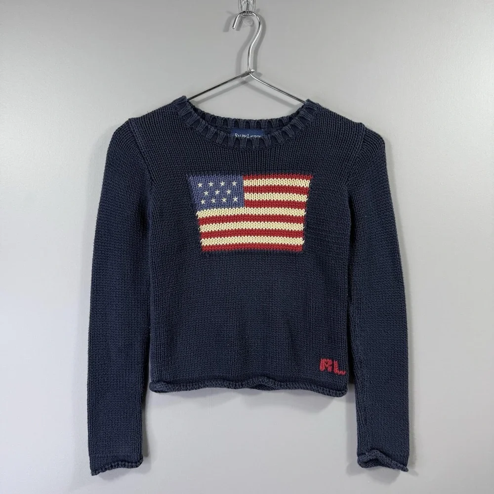 Ralph Lauren Sweater Kids Small Blue American Flag Cotton Knit Crewneck Japan